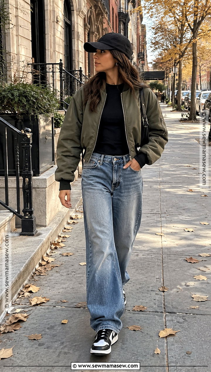 Baggy Jeans And Bomber Jacket With Dunks - 15 Fall Outfit With Dunks Ideas