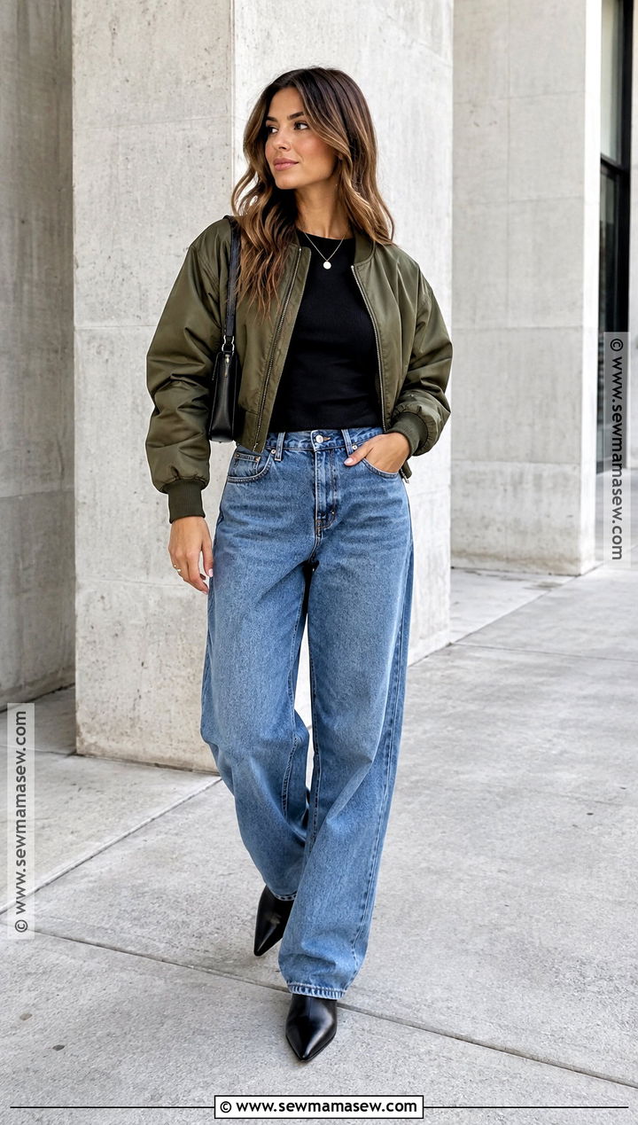 Baggy Jeans With A Bomber Jacket - 20 fall jean outfits for women