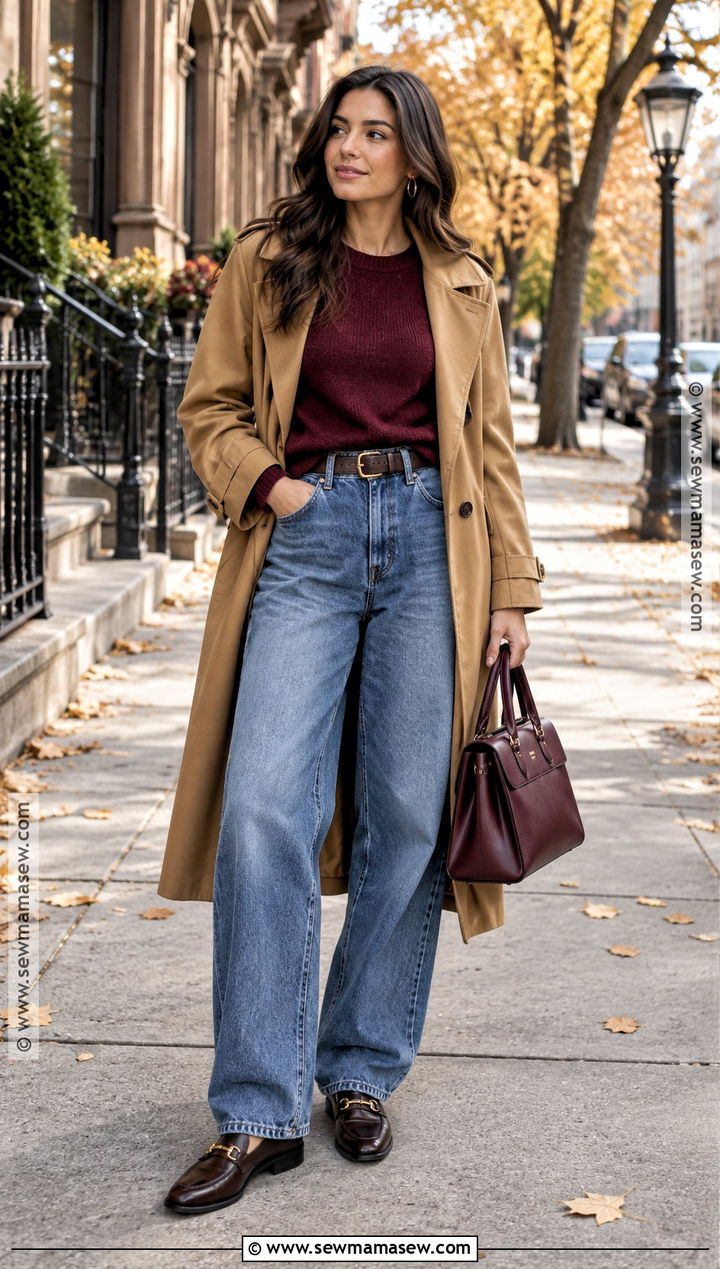 Baggy Jeans With A Burgundy Sweater And Loafers - 25 fall outfits baggy jeans