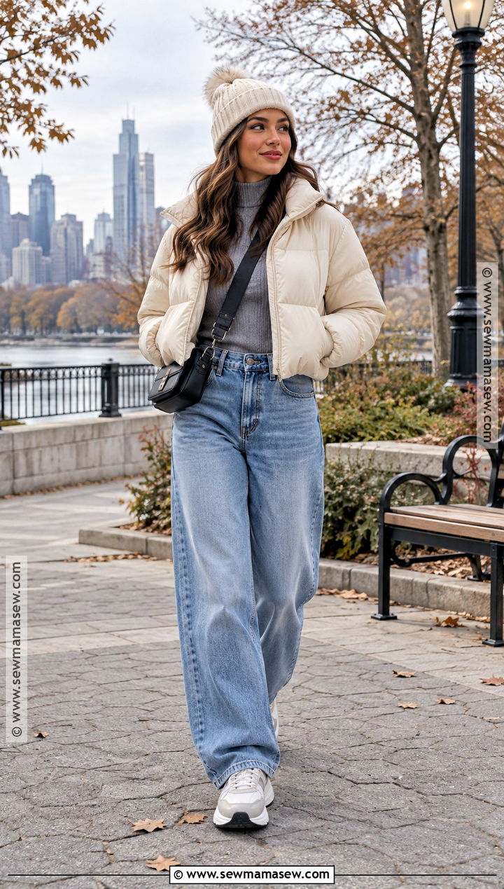 Baggy Jeans With A Cropped Puffer And Knit Top - 25 fall outfits baggy jeans