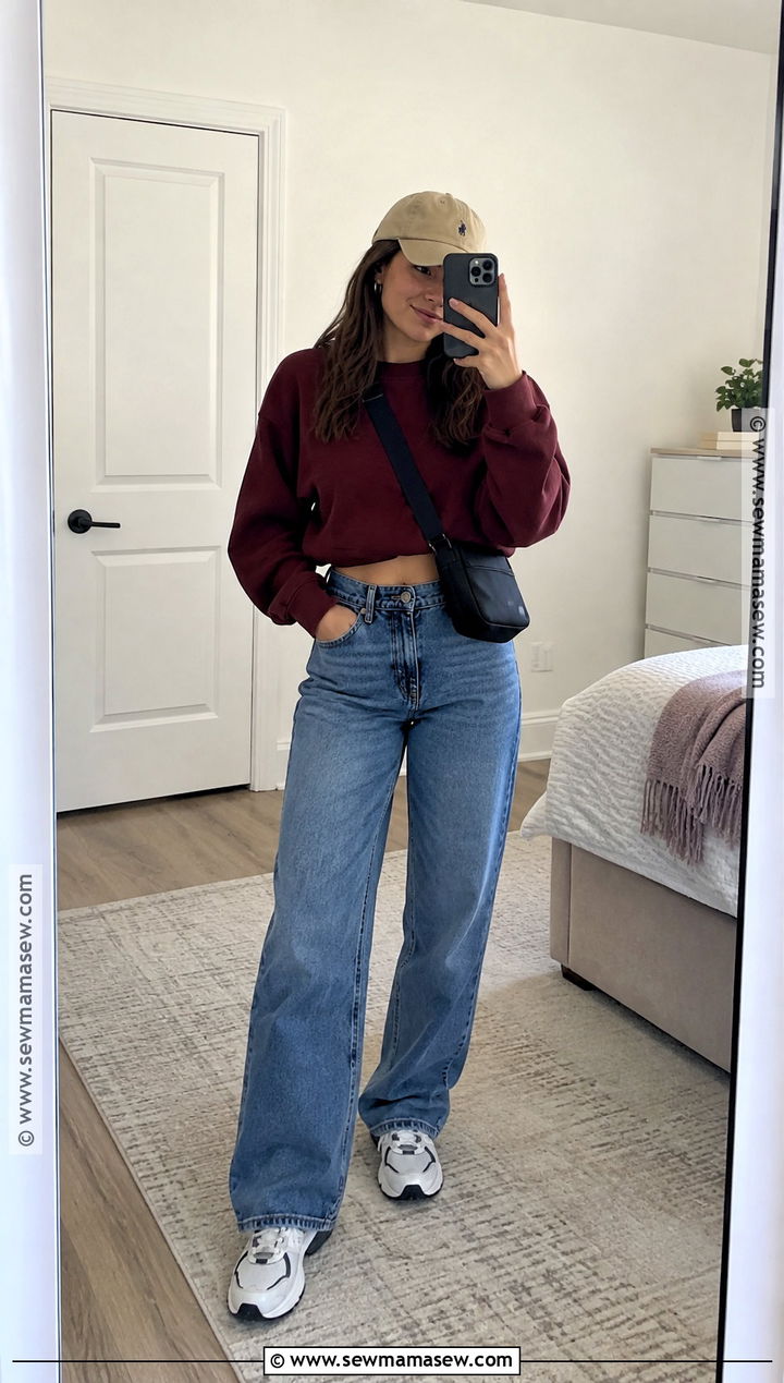 Baggy Jeans With A Cropped Sweatshirt And Sneakers - 25 baggy jeans outfit fall