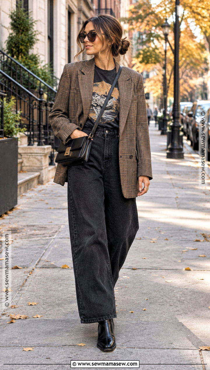Baggy Jeans With A Graphic T Shirt And Plaid Blazer - 25 fall outfits baggy jeans