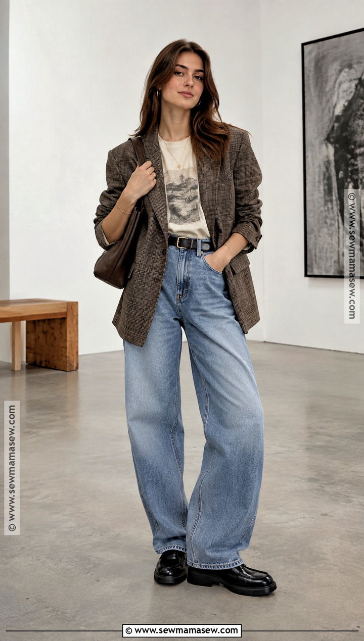 Baggy Jeans With A Graphic Tee And Plaid Blazer - 25 baggy jeans outfit fall