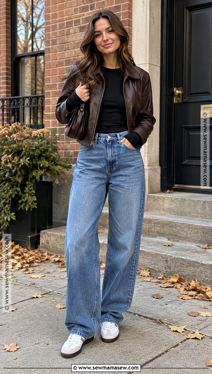 Baggy Jeans With A Leather Jacket - 15 autumn jeans outfits 2026