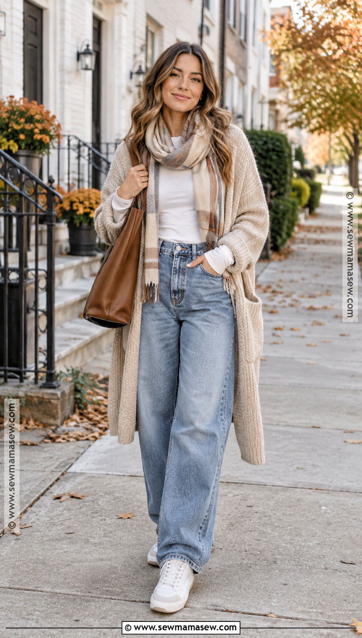 Baggy Jeans With A Long Cardigan And Sneakers - 25 fall outfits baggy jeans
