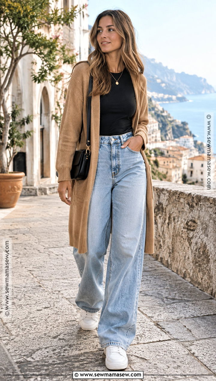 Baggy Jeans With A Long Cardigan And Sneakers - 25 baggy jeans outfit fall