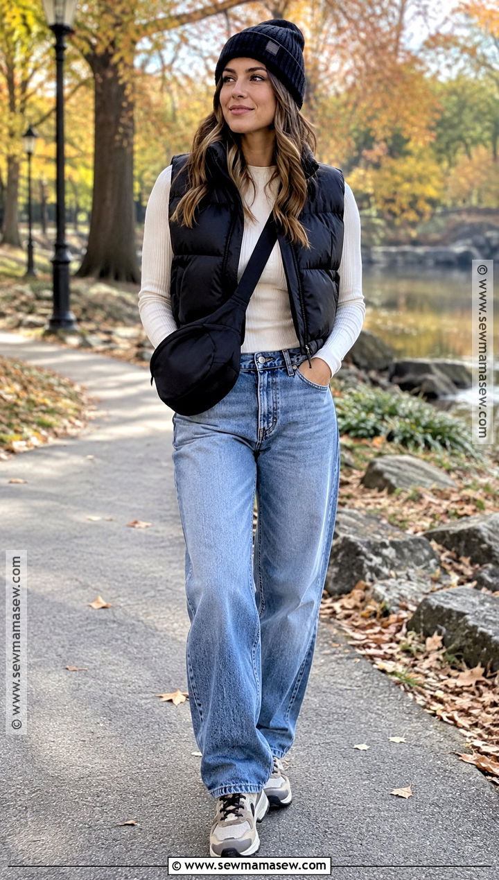 Baggy Jeans With A Puffer Vest And Hiking Sneakers - 25 baggy jeans outfit fall