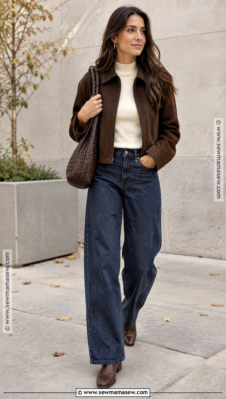 Baggy Jeans With A Suede Jacket And Mock Neck Top - 25 fall outfits baggy jeans