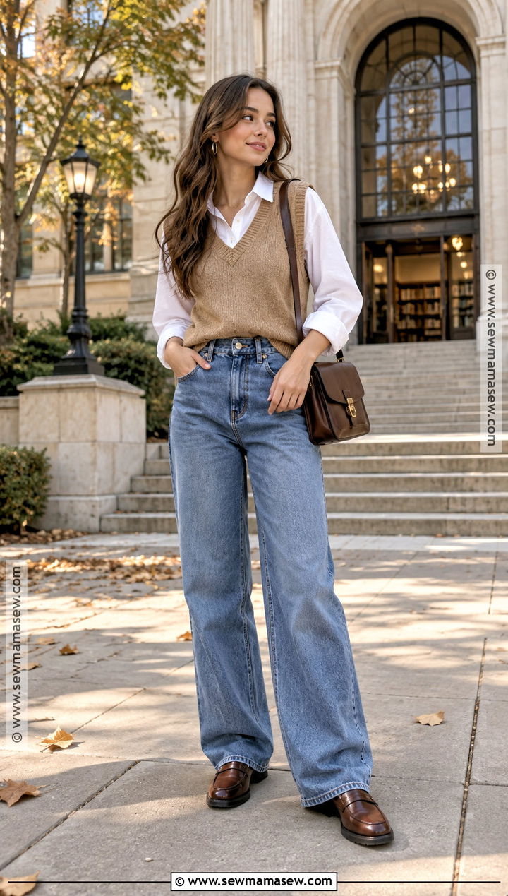 Baggy Jeans With A Sweater Vest And Button Down - 25 baggy jeans outfit fall