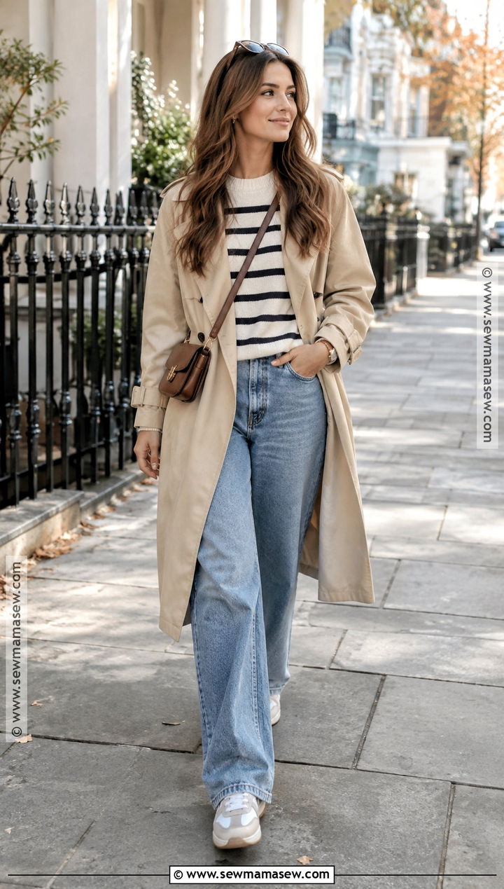 Baggy Jeans With A Trench Coat And Striped Sweater - 25 fall outfits baggy jeans