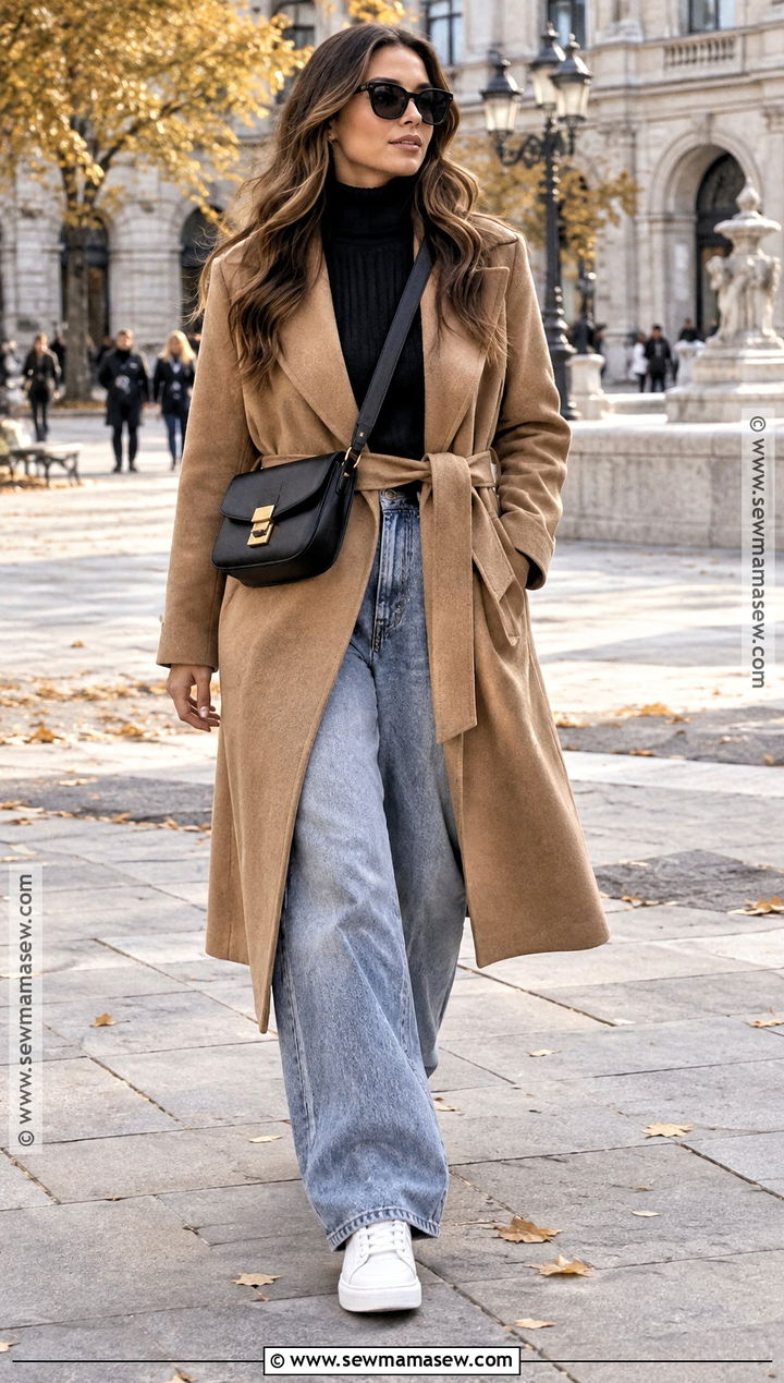 Baggy Jeans With Belted Coat And Sneakers - 25 fall outfit jeans