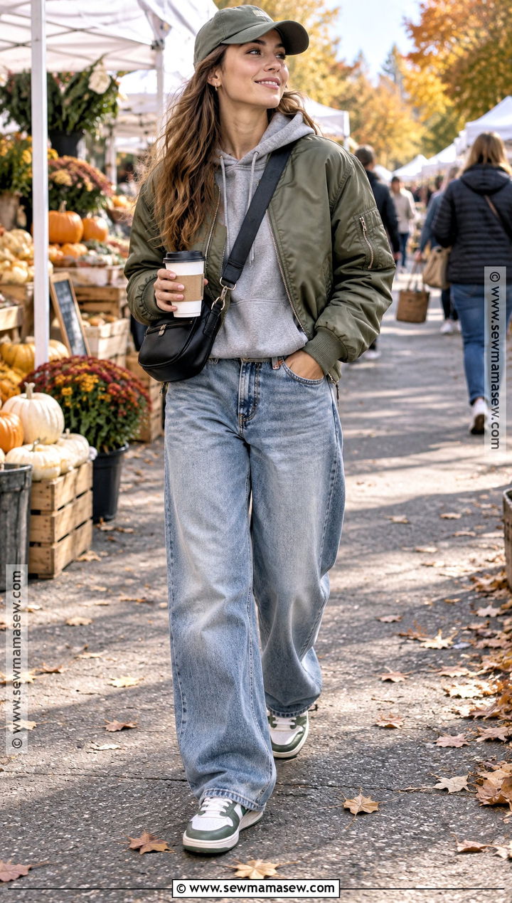 Baggy Jeans With Bomber Jacket And Hoodie - 20 Baggy Jeans Autumn Outfit