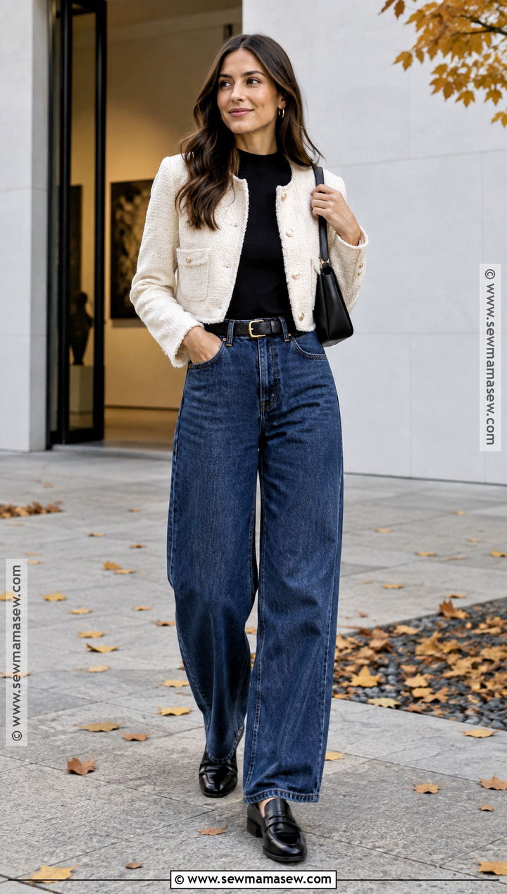 Baggy Jeans With Cropped Jacket And Mock Neck Top - 20 Baggy Jeans Autumn Outfit