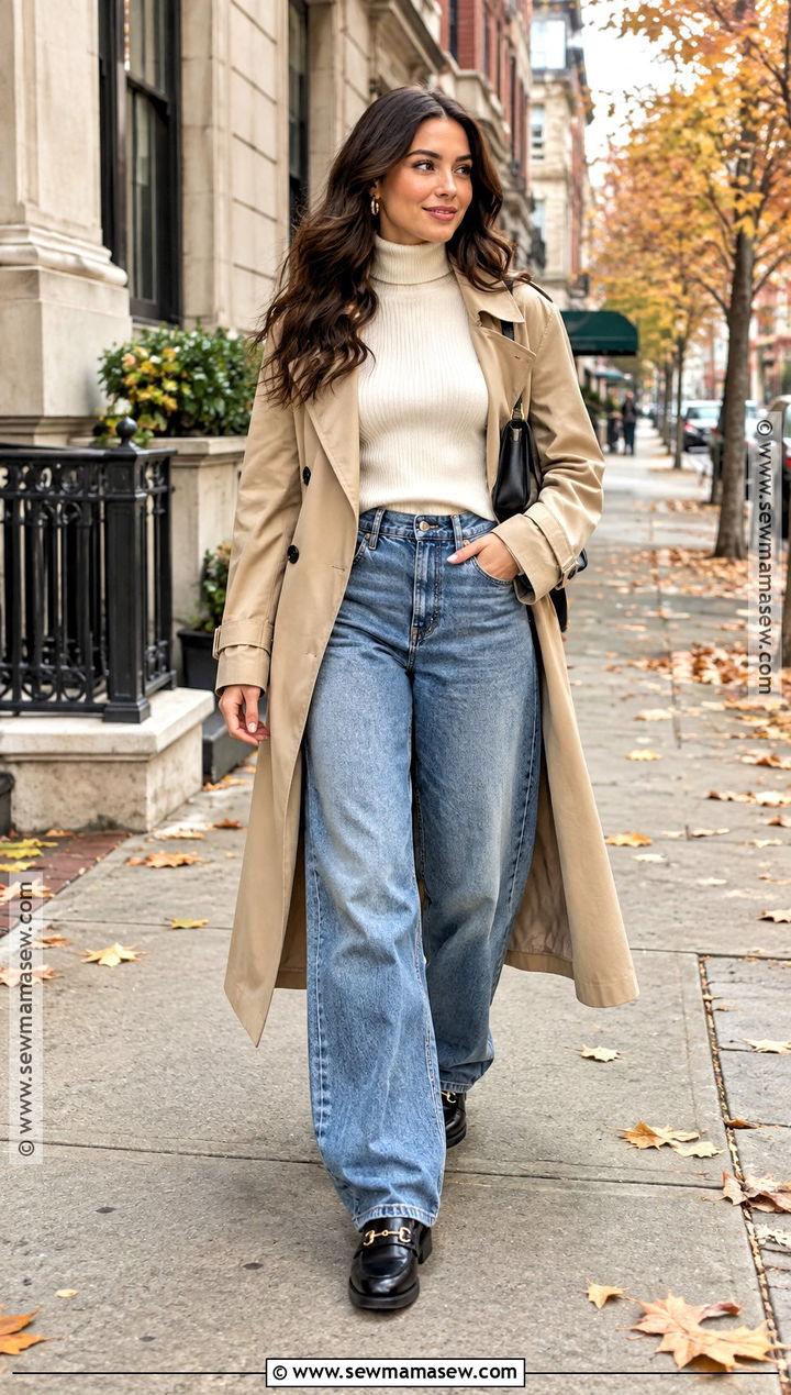 Baggy Jeans With Fitted Turtleneck And Trench Coat - 15 Fall Baggy Pants Outfit