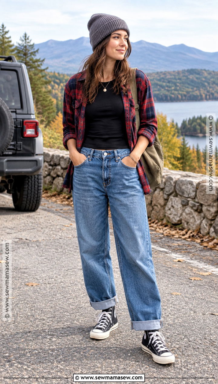 Baggy Jeans With Flannel Shirt And High Top Sneakers - 20 Baggy Jeans Autumn Outfit