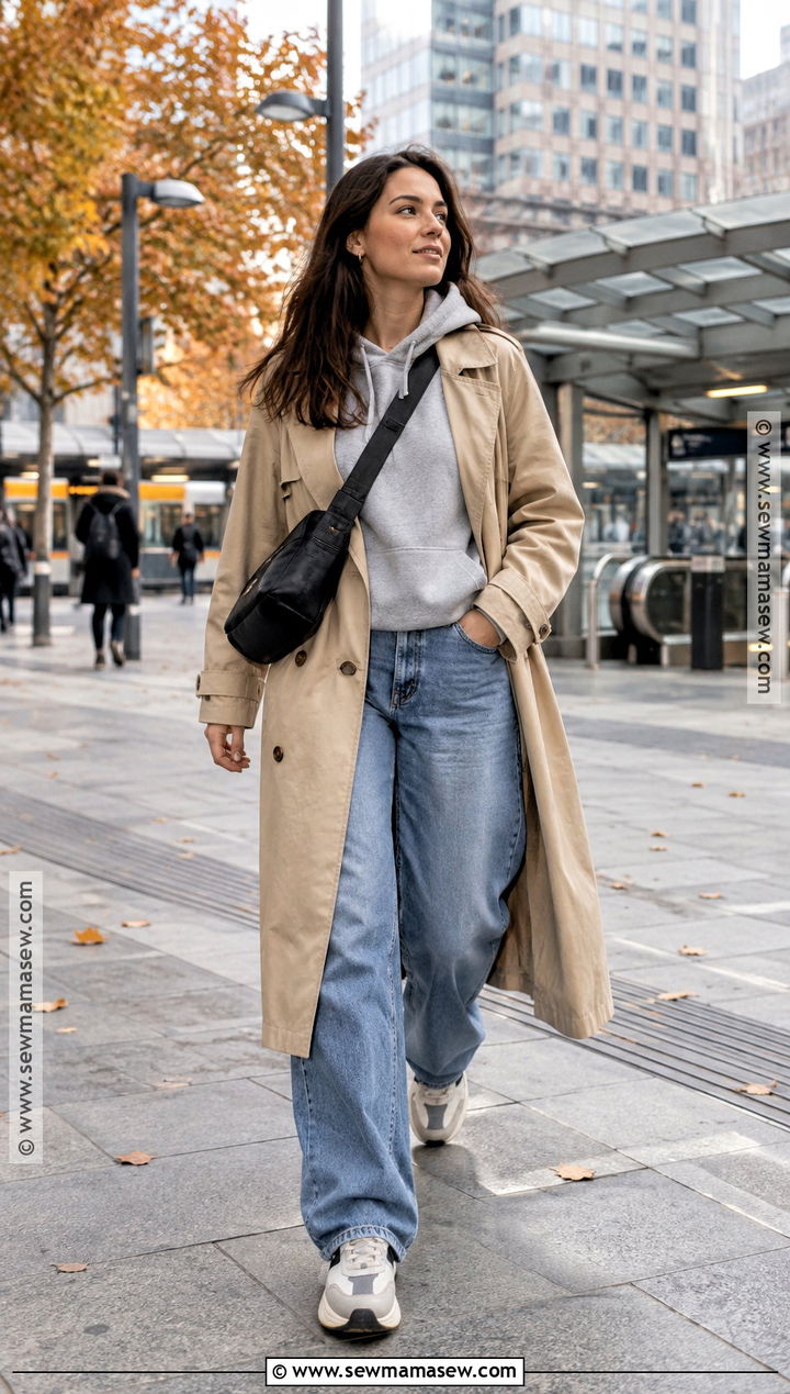 Baggy Jeans With Hoodie And Trench Coat - 20 baggy jeans outfit autumn