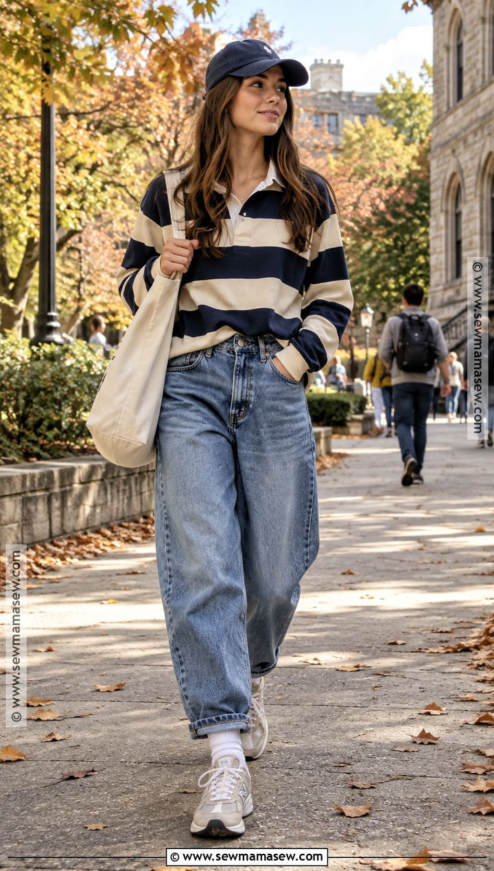Baggy Jeans With Rugby Shirt And Sneakers - 20 baggy jeans outfit autumn