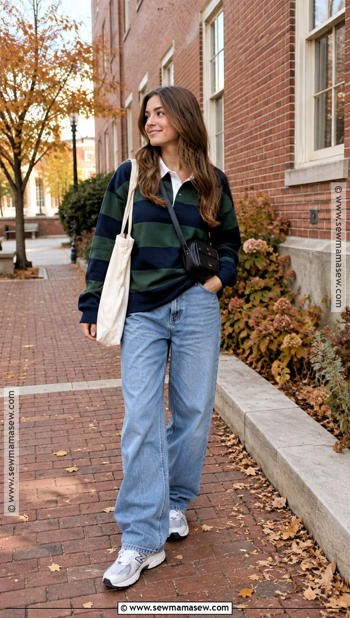 Baggy Jeans With Rugby Shirt And Sneakers - 15 Jean Pants Outfits Fall