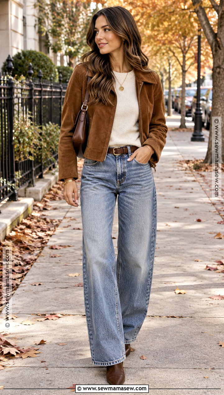 Baggy Jeans With Suede Jacket And Cream Sweater - 20 Baggy Jeans Autumn Outfit