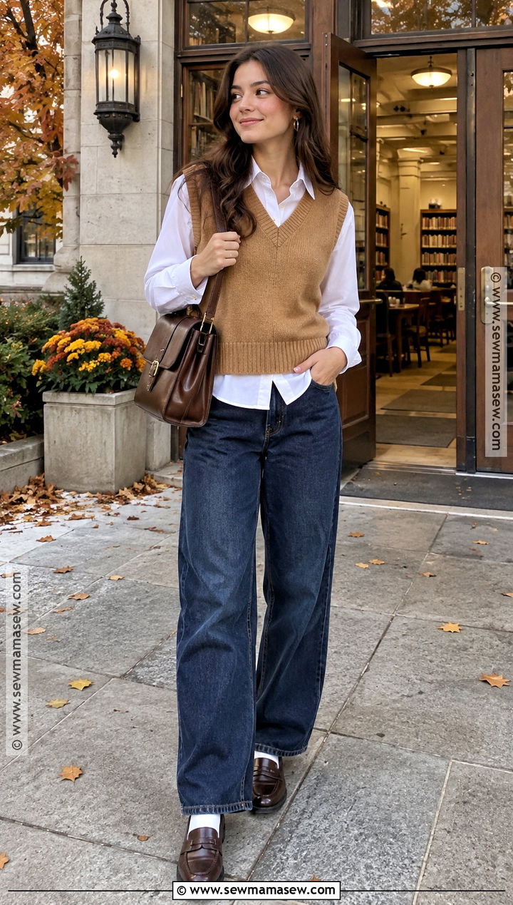 Baggy Jeans With Sweater Vest And Button Down Shirt - 20 Baggy Jeans Autumn Outfit