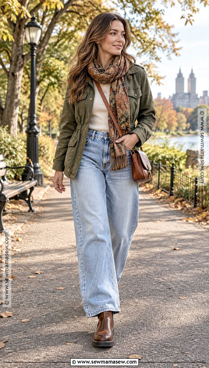 Baggy Jeans With Utility Jacket And Knit Top - 20 Baggy Jeans Autumn Outfit