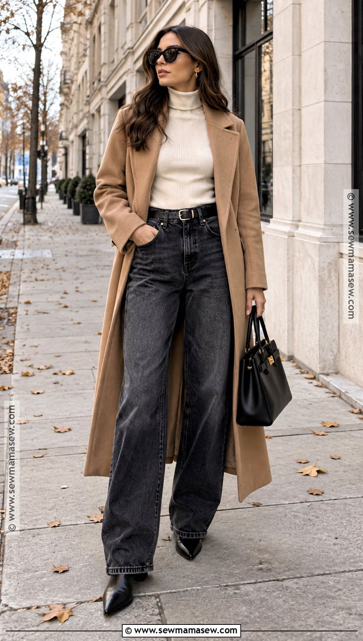 Baggy Jeans With Wool Coat And Turtleneck - 20 Baggy Jeans Autumn Outfit