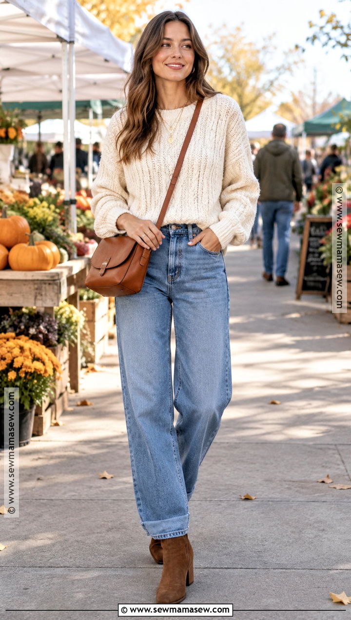 Baggy Jeans With a Chunky Knit Sweater - 20 fall baggy jeans outfit