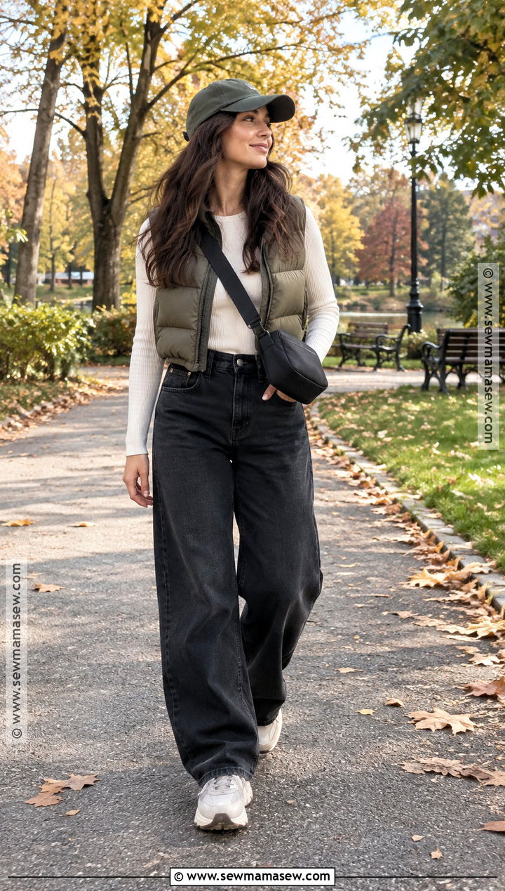 Baggy Jeans With a Cropped Puffer Vest - 20 fall baggy jeans outfit