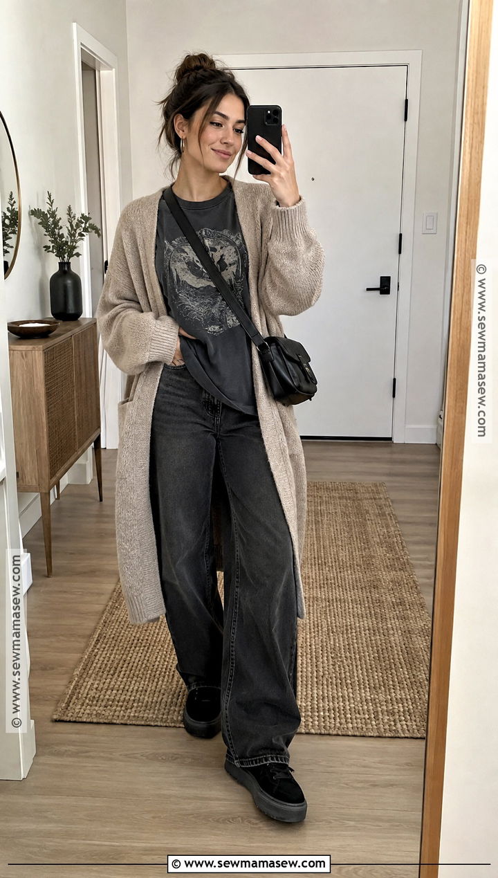 Baggy Jeans With a Graphic T Shirt and Cardigan - 20 fall baggy jeans outfit