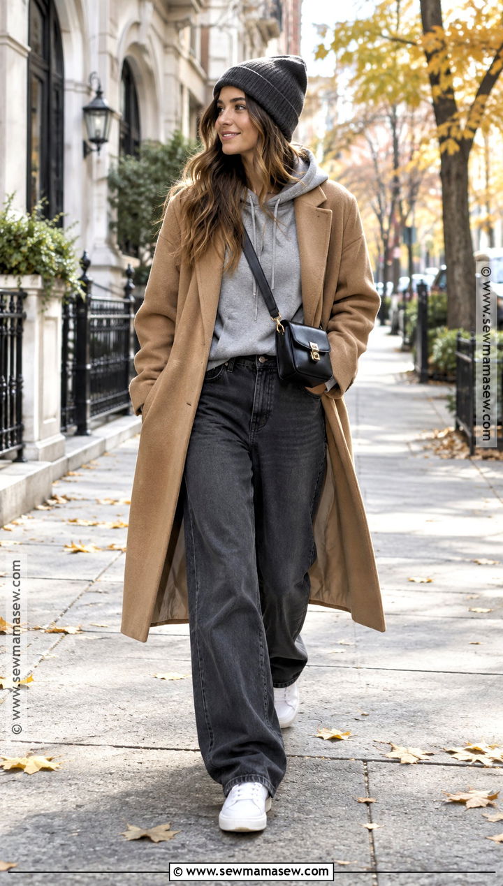 Baggy Jeans With a Hoodie and Wool Coat - 20 fall baggy jeans outfit