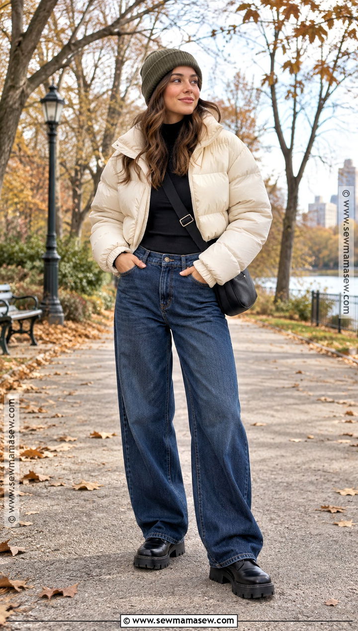 Baggy Jeans With a Puffer Jacket and Boots - 20 fall baggy jeans outfit
