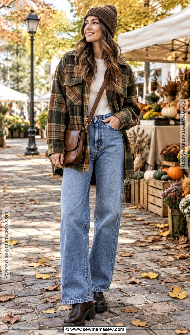 Baggy Jeans and Oversized Plaid Shacket Outfit - 20 Baggy Autumn Outfit Ideas