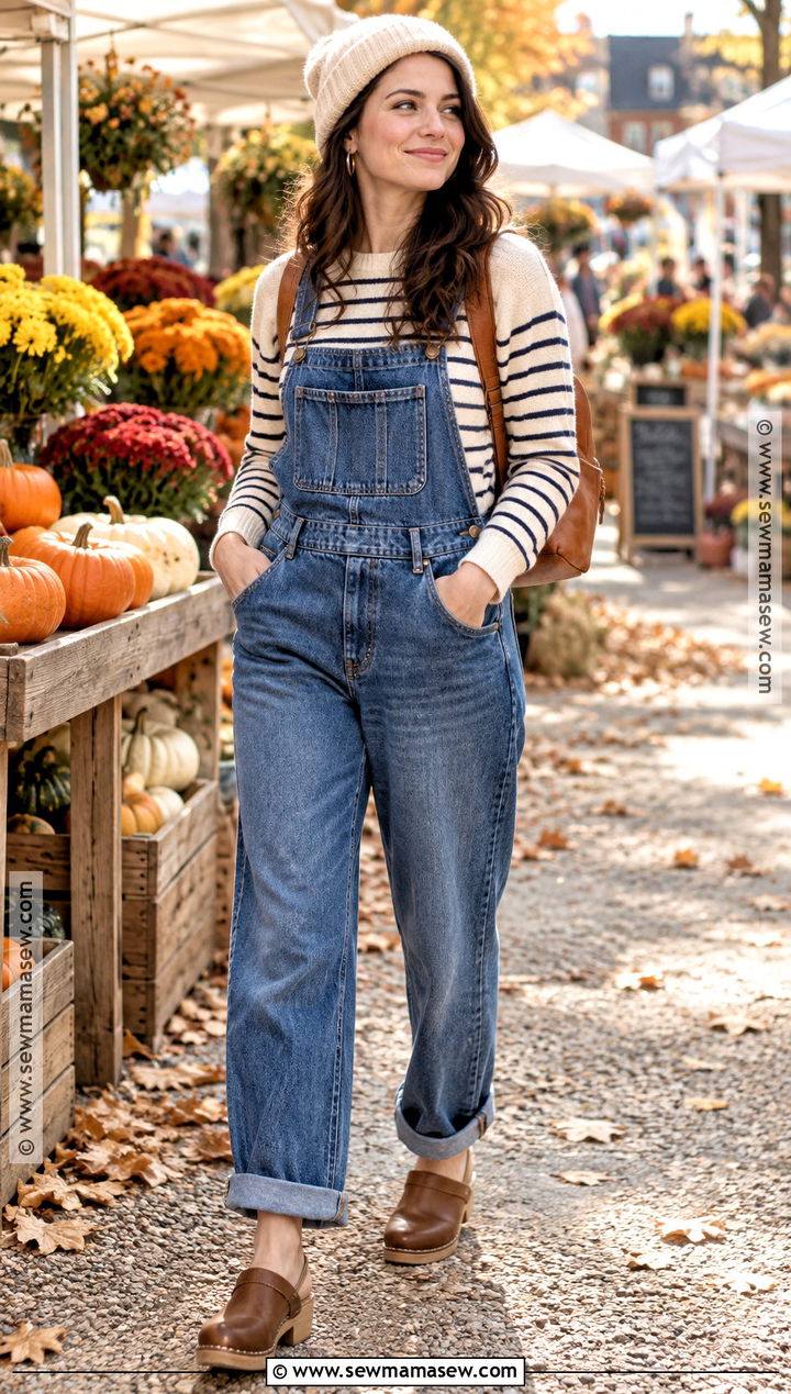 Baggy Overalls And Striped Sweater Fall Outfit - 20 Fall Outfits Baggy