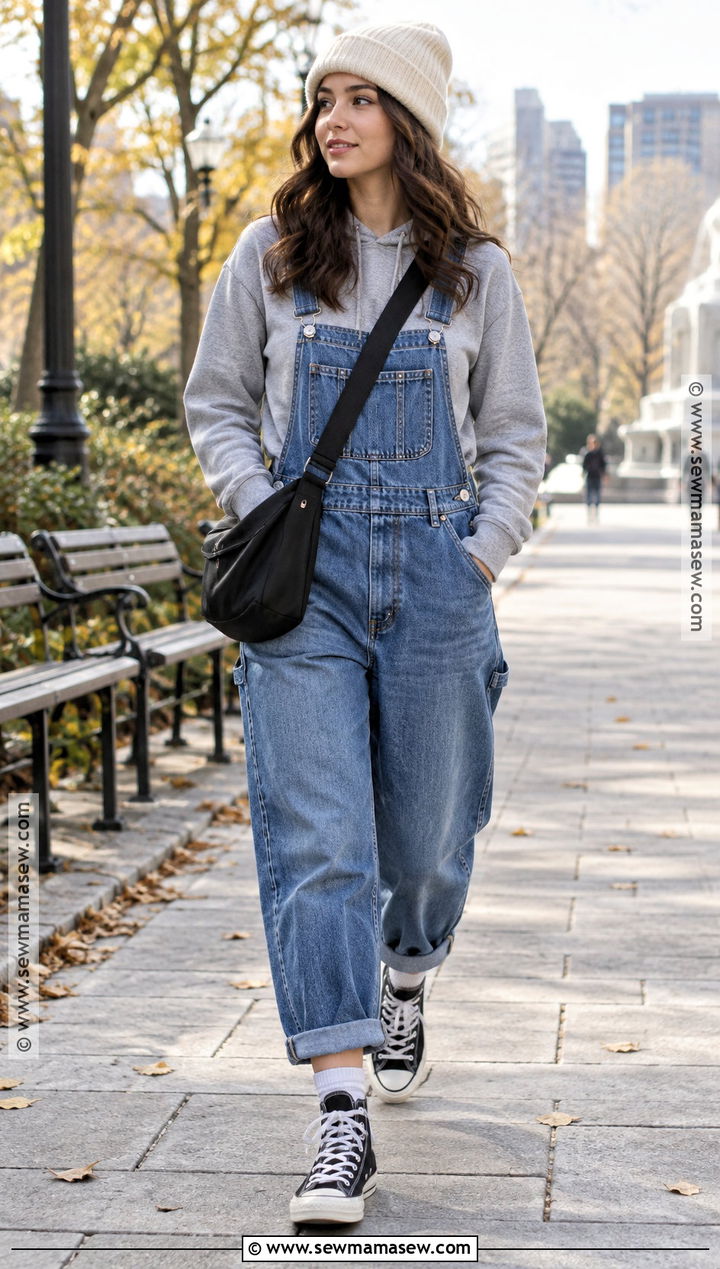 Baggy Overalls With Hoodie And High Top Sneakers - 25 overalls outfit fall