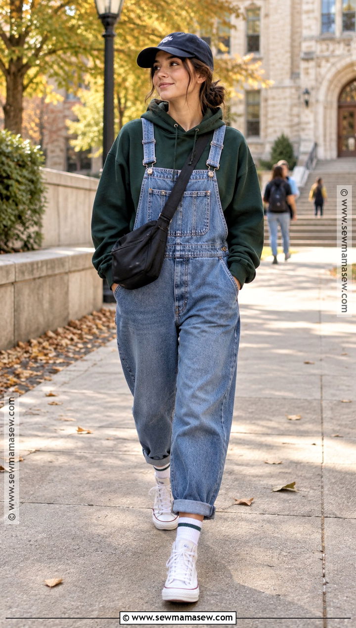Baggy Overalls With Hoodie and High Top Sneakers - 15 Overalls Aesthetic Fall