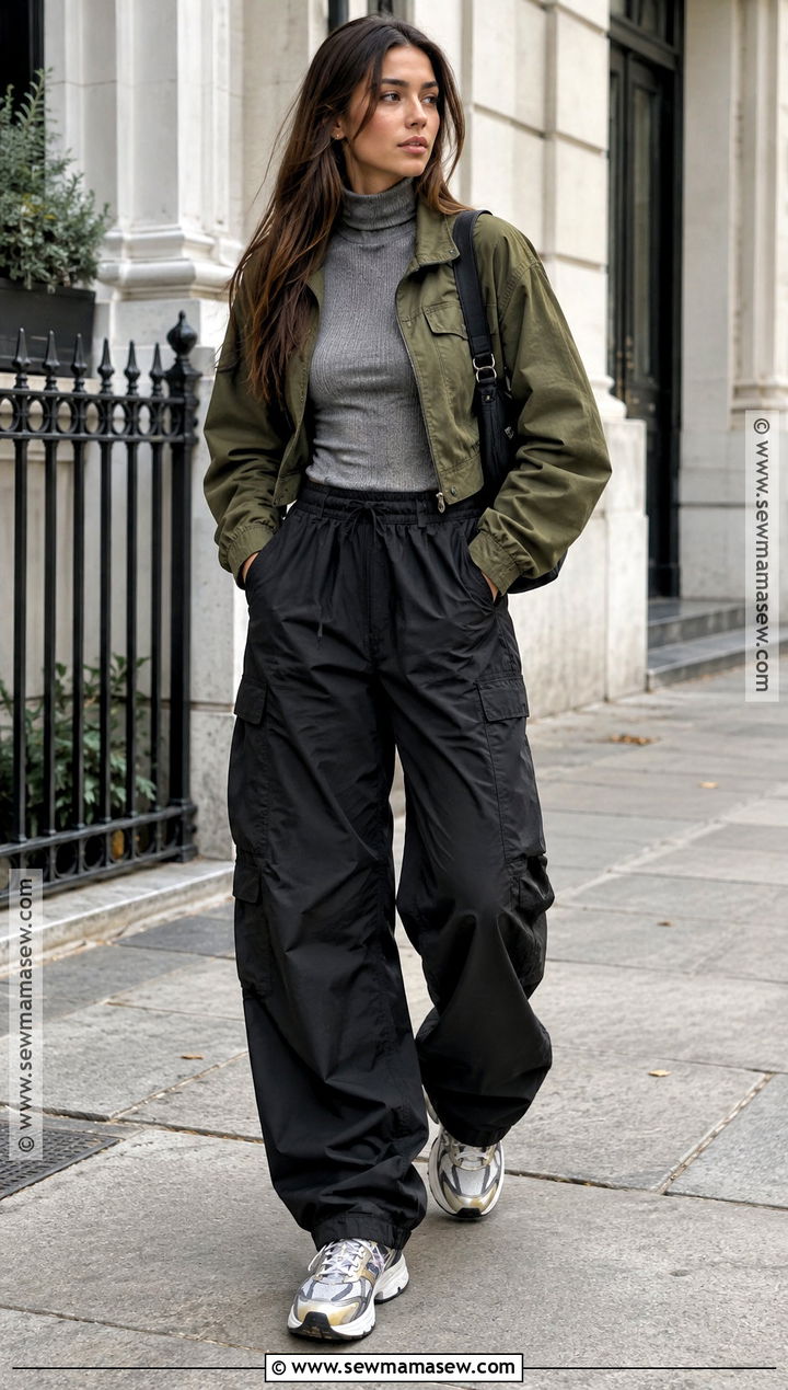 Baggy Parachute Pants and Fitted Turtleneck Outfit - 20 Baggy Autumn Outfit Ideas