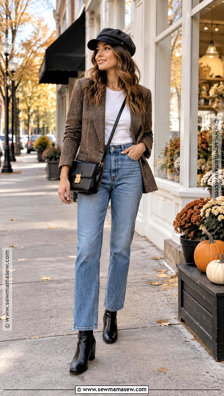 Baker Boy Cap With Plaid Blazer And Jeans - 20 Fall Hats For Women Outfits