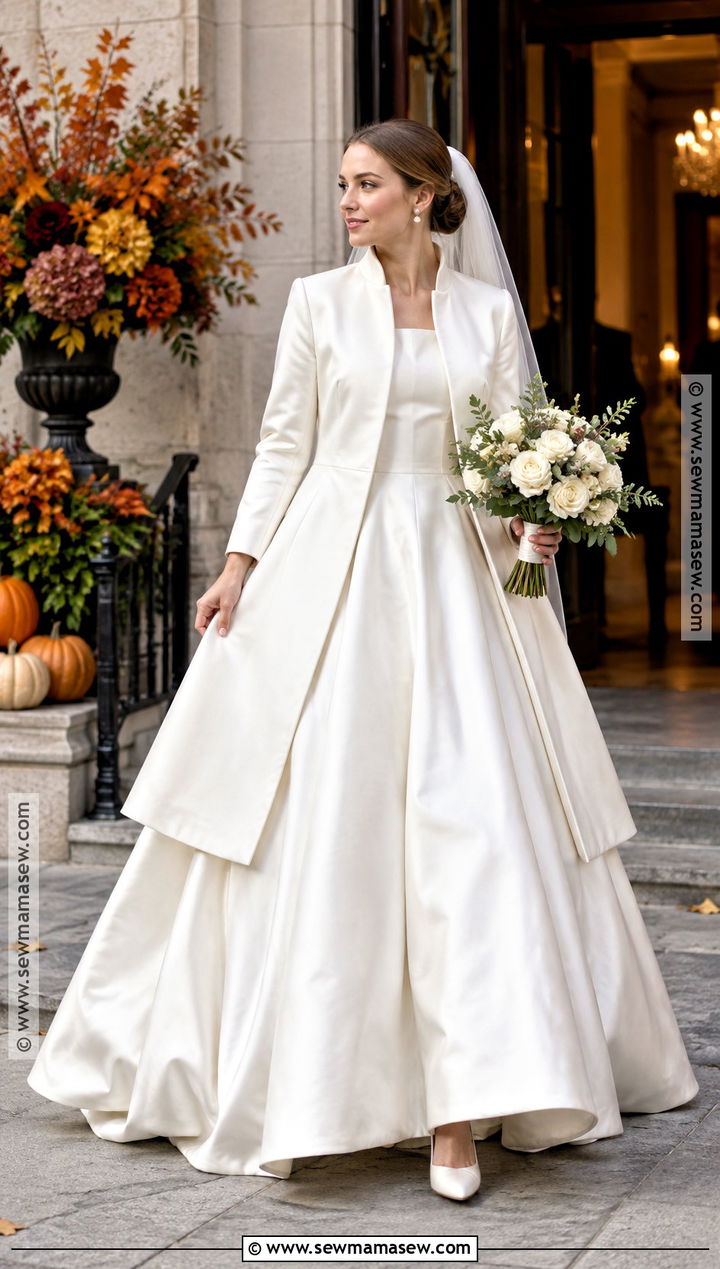 Ball Gown Wedding Dress With Satin Bridal Coat - 15 Fall Wedding Dress Coverup Ideas