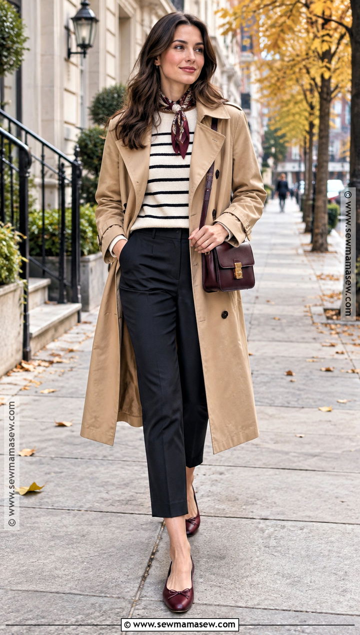 Ballet Flats With A Trench Coat And Cropped Pants - 15 fall ballet flats ideas