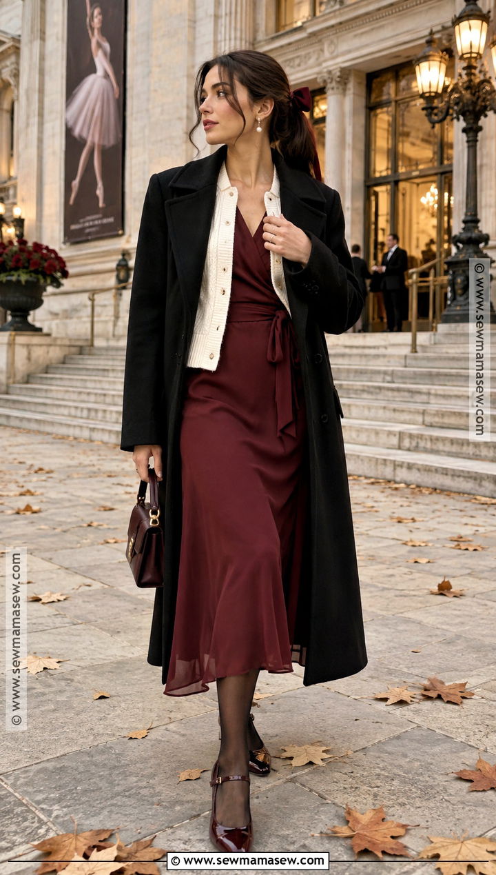 Balletcore Burgundy Wrap Dress Outfit - 15 ballet core fall outfits