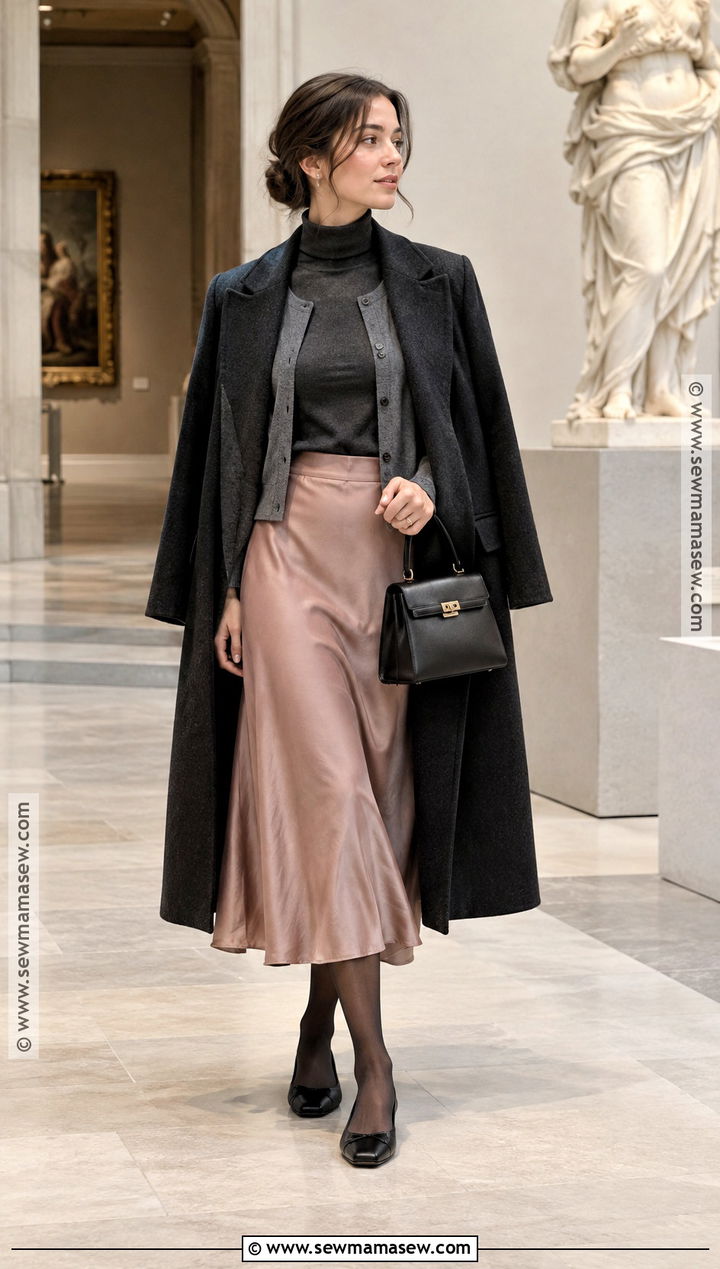 Balletcore Turtleneck And Satin Midi Skirt Outfit - 15 ballet core fall outfits