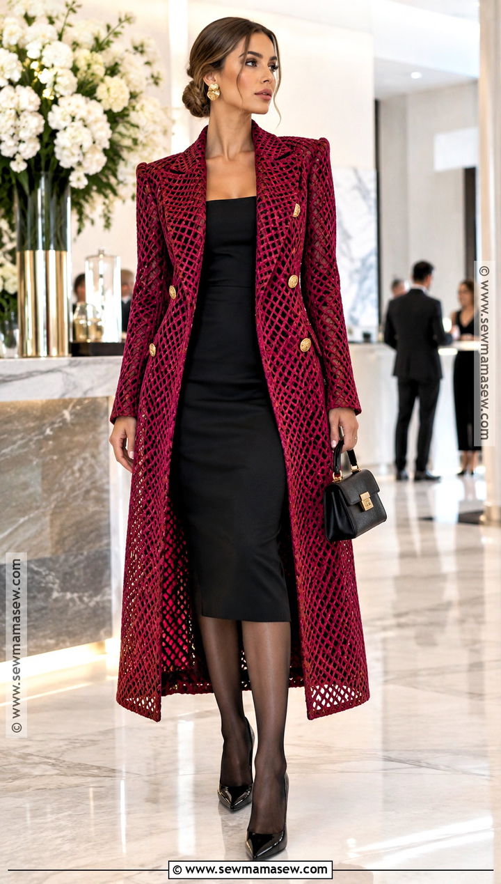 Balmain Raspberry Mesh Coat And Black Dress - 15 balmain fall 2026 ready to wear ideas