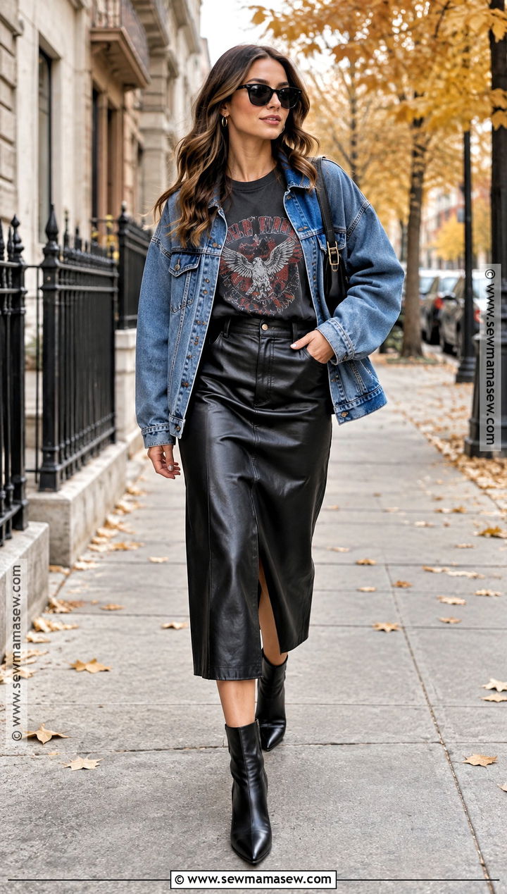 Band Fall Tee Shirt With Leather Midi Skirt - 20 Fall Tee Shirts