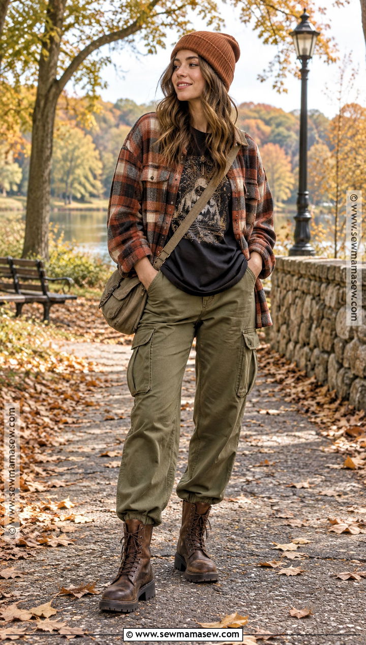 Band Shirt With Cargo Pants And Plaid Shacket - 15 Band Shirt Outfits Fall