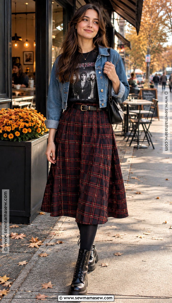 Band Shirt With Plaid Midi Skirt And Combat Boots - 15 Band Shirt Outfits Fall