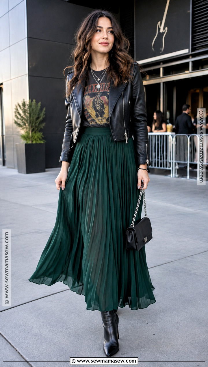 Band Shirt With Pleated Maxi Skirt And Moto Jacket - 15 Band Shirt Outfits Fall