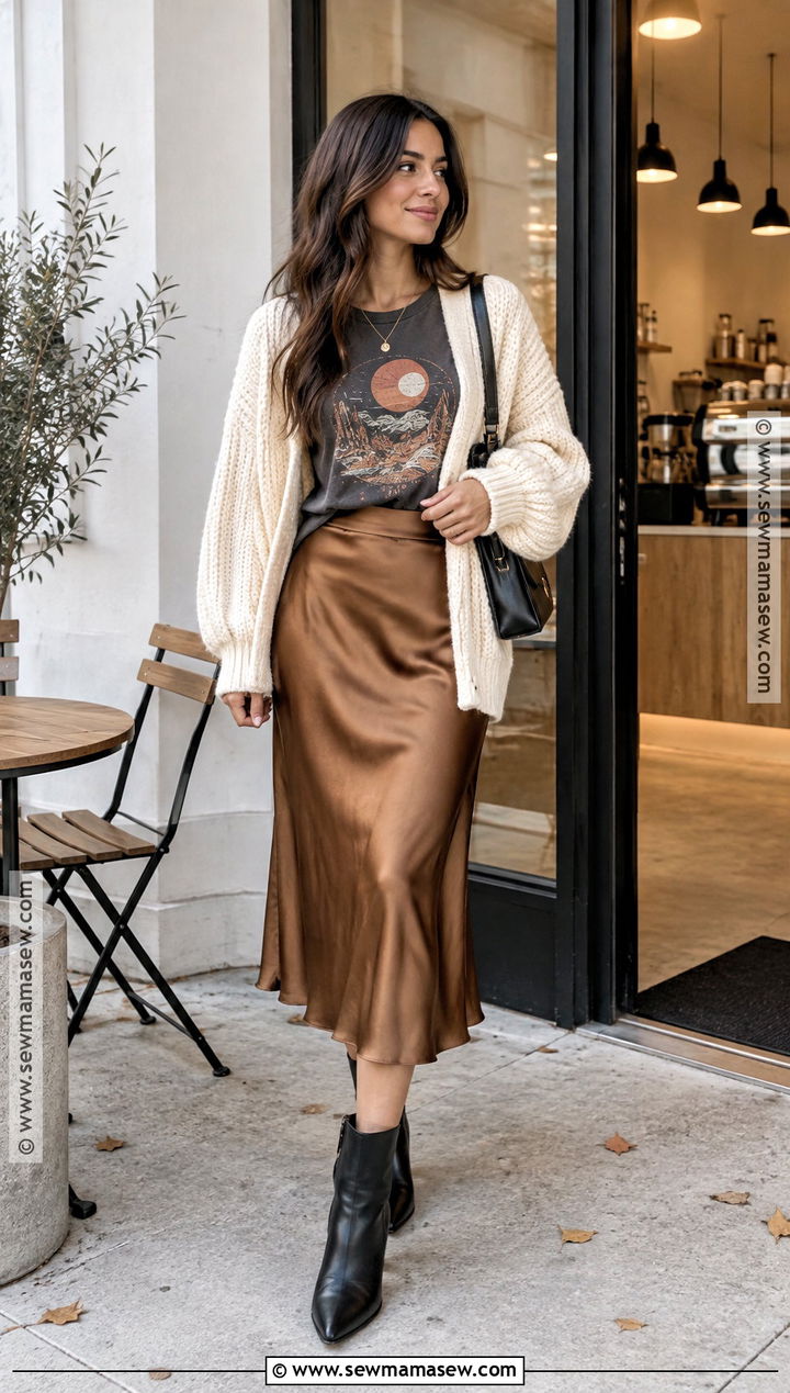Band Shirt With Satin Slip Skirt And Cardigan - 15 Band Shirt Outfits Fall