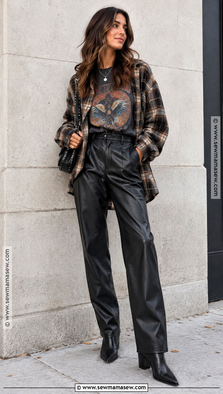 Band Tee And Faux Leather Pants Autumn Outfit - 25 alt autumn outfits