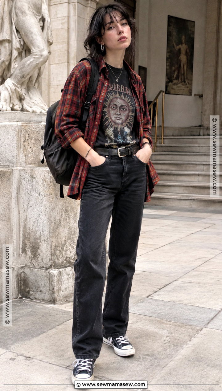 Band Tee And Plaid Overshirt School Outfit - 20 Fly Back To School Outfits