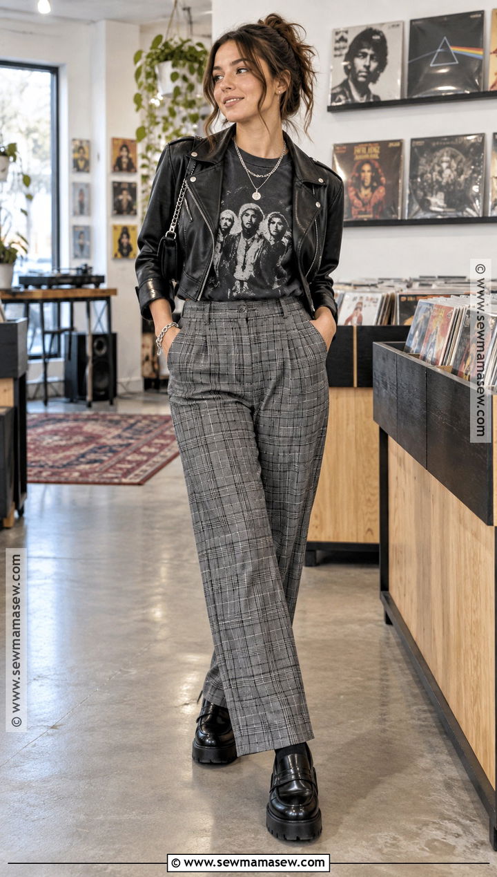 Band Tee And Plaid Pants Fall Outfit - 25 Edgy Fall Outfits